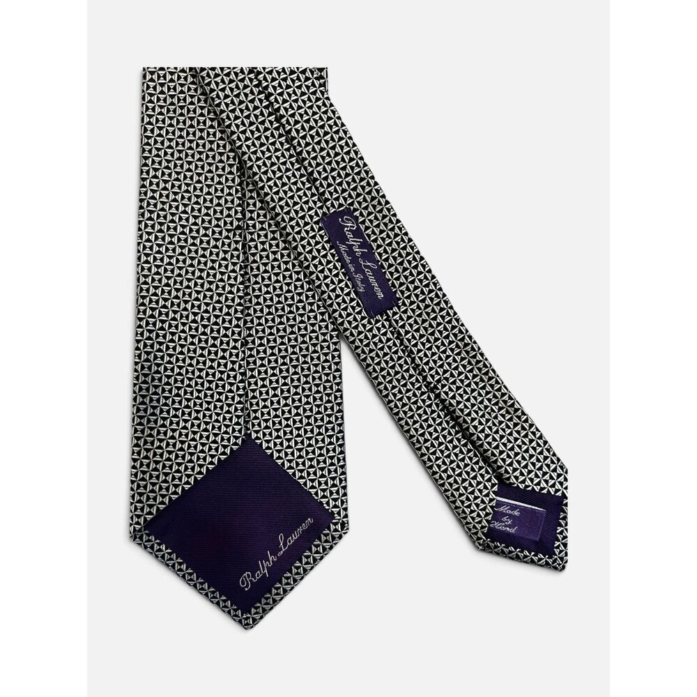 Ralph Lauren Purple Label Tie Black Silver Geometric Silk Hand Made Italy